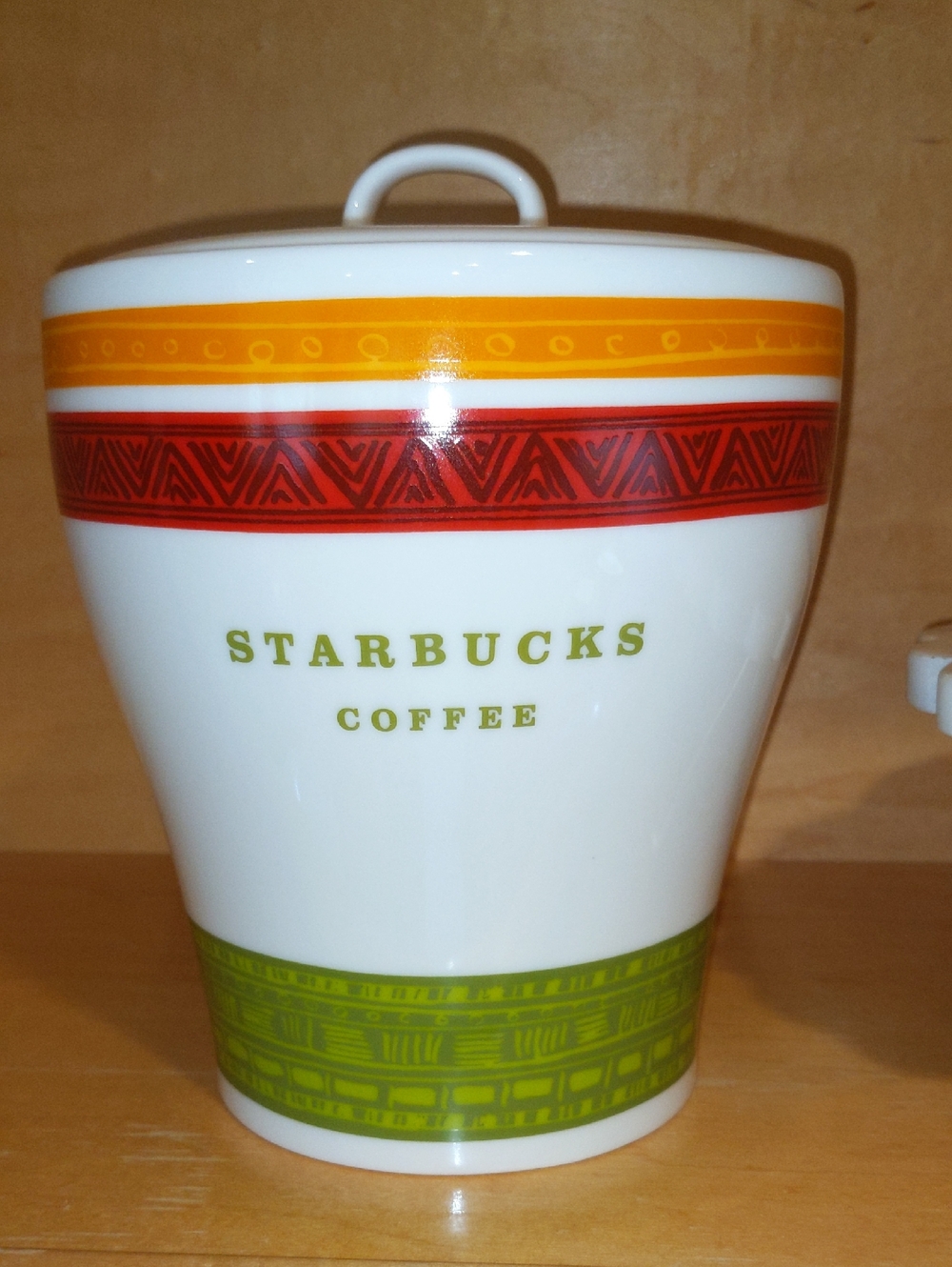 Starbucks Coffee Canister Cookie Jar W/ Lid Ceramic Green/Red/Yellow 2005